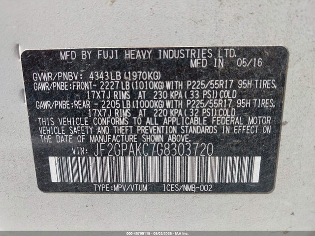 45795115 :رقم المزاد ، JF2GPAKC7G8303720 vin ، 2016 Subaru Crosstrek 2.0i Limited مزاد بيع