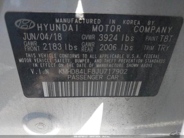 45795127 :رقم المزاد ، KMHD84LF8JU717902 vin ، 2018 Hyundai Elantra Sel مزاد بيع