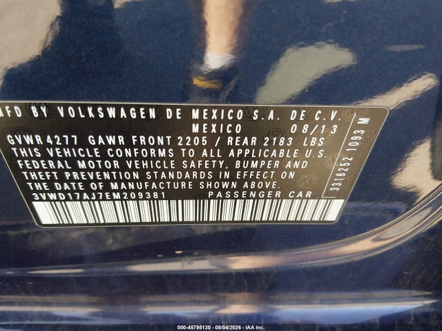 2014 Volkswagen Jetta 1.8t Se მანქანა იყიდება აუქციონზე, vin: 3VWD17AJ7EM209381, აუქციონის ნომერი: 45795130