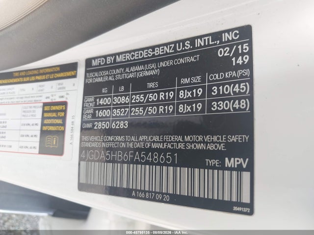 Aukcja sprzedaży 2015 Mercedes-benz Ml 350 4matic, vin: 4JGDA5HB6FA548651, numer aukcji: 45795135