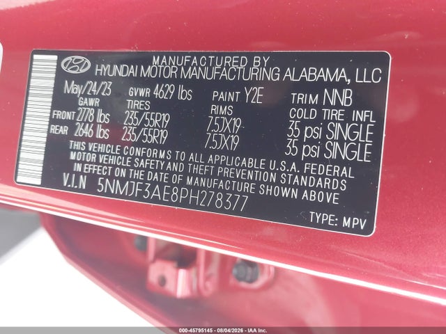 45795145 :رقم المزاد ، 5NMJF3AE8PH278377 vin ، 2023 Hyundai Tucson Sel مزاد بيع