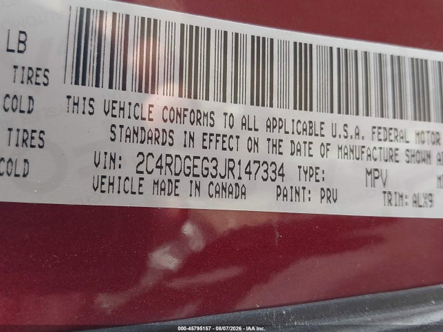 2018 Dodge Grand Caravan Gt მანქანა იყიდება აუქციონზე, vin: 2C4RDGEG3JR147334, აუქციონის ნომერი: 45795157