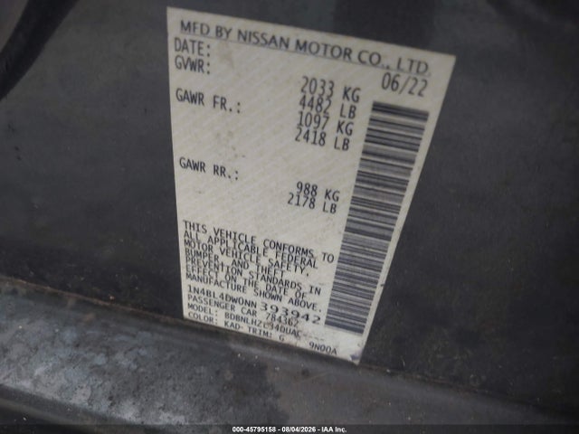 Продаж на аукціоні авто 2022 Nissan Altima Sv Intelligent Awd, vin: 1N4BL4DW0NN393942, номер лоту: 45795158