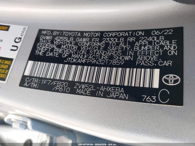 Aukcja sprzedaży 2022 Toyota Prius Prime Le, vin: JTDKAMFP9N3217859, numer aukcji: 45795164