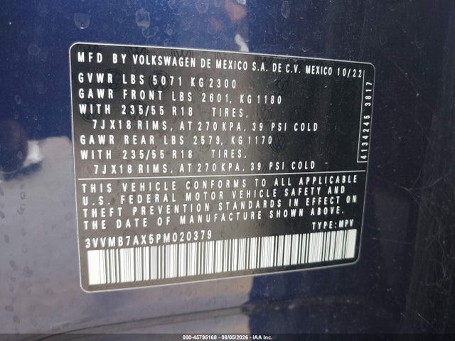 Aukcja sprzedaży 2023 Volkswagen Tiguan 2.0t Se, vin: 3VVMB7AX5PM020379, numer aukcji: 45795168