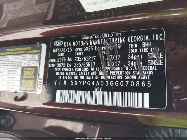 45795191 :رقم المزاد ، 5XYPG4A33GG070865 vin ، 2016 Kia Sorento 2.4l Lx مزاد بيع