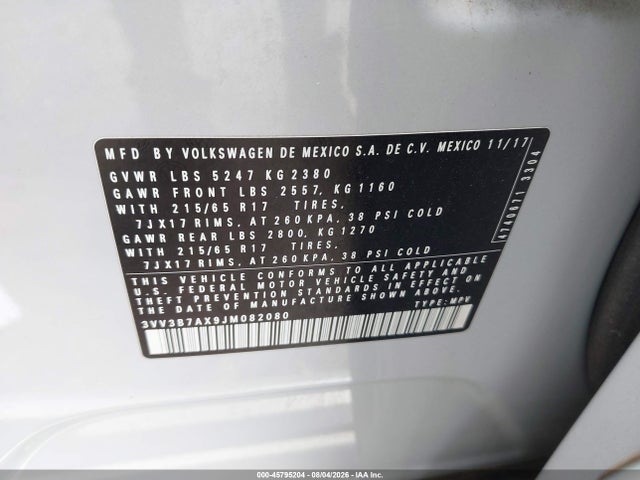 Aukcja sprzedaży 2018 Volkswagen Tiguan 2.0t Se/2.0t Sel, vin: 3VV3B7AX9JM082080, numer aukcji: 45795204