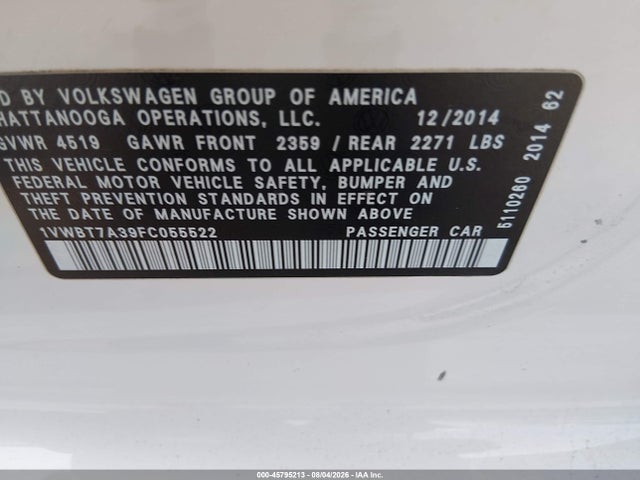 1VWBT7A39FC055522 Volkswagen Passat 1.8t Se