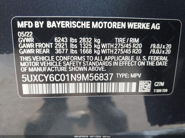 Aukcja sprzedaży 2022 Bmw X6 Xdrive40i, vin: 5UXCY6C01N9M56837, numer aukcji: 45795229
