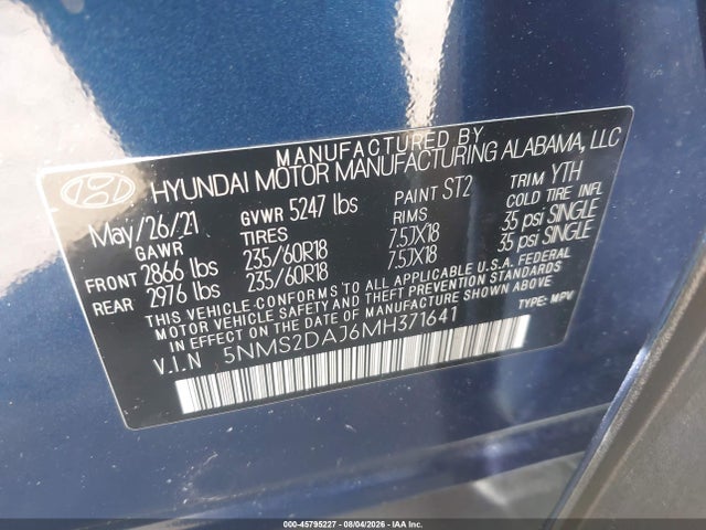 45795227 :رقم المزاد ، 5NMS2DAJ6MH371641 vin ، 2021 Hyundai Santa Fe Sel مزاد بيع