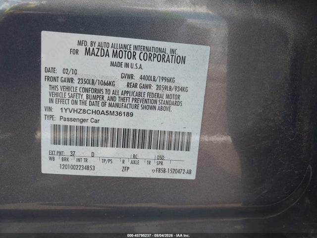 Aukcja sprzedaży 2010 Mazda Mazda6 I Grand Touring, vin: 1YVHZ8CH0A5M36189, numer aukcji: 45795237