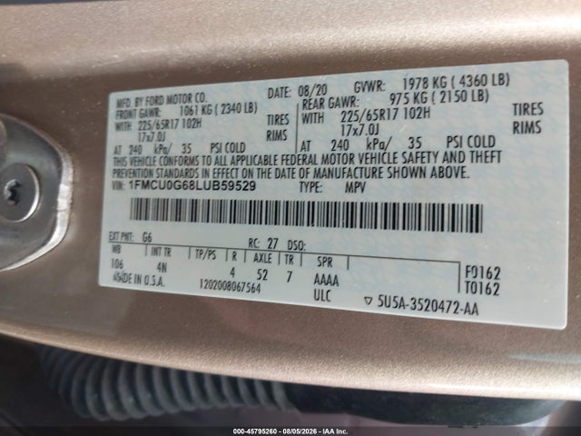 45795260 :رقم المزاد ، 1FMCU0G68LUB59529 vin ، 2020 Ford Escape Se مزاد بيع