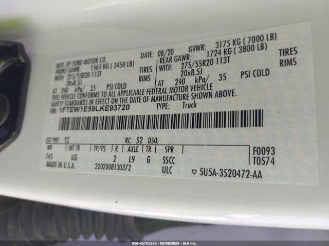 2020 Ford F-150 Xlt მანქანა იყიდება აუქციონზე, vin: 1FTEW1E59LKE93720, აუქციონის ნომერი: 45795268