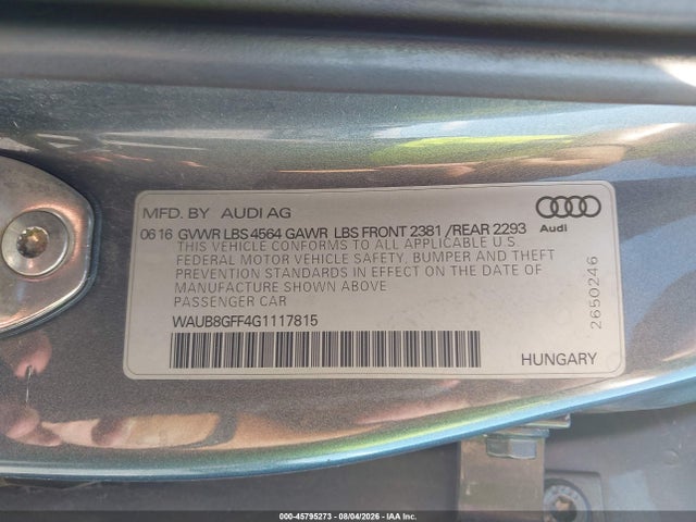 45795273 :رقم المزاد ، WAUB8GFF4G1117815 vin ، 2016 Audi A3 2.0t Premium مزاد بيع