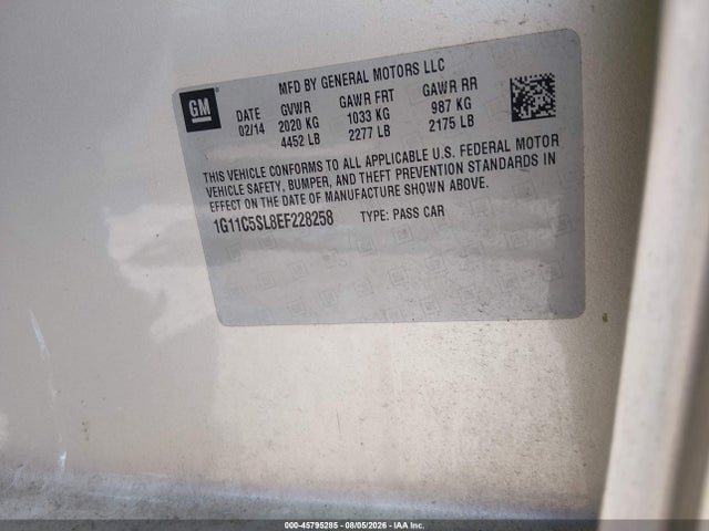 Продажа на аукционе авто 2014 Chevrolet Malibu 1lt, vin: 1G11C5SL8EF228258, номер лота: 45795285