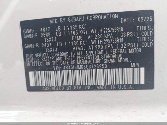 2025 Subaru Crosstrek Limited მანქანა იყიდება აუქციონზე, vin: 4S4GUHM66S3726250, აუქციონის ნომერი: 45795288