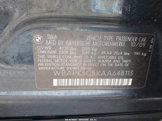 45795297 :رقم المزاد ، WBAPK5C5XAA648113 vin ، 2010 Bmw 328i Xdrive مزاد بيع