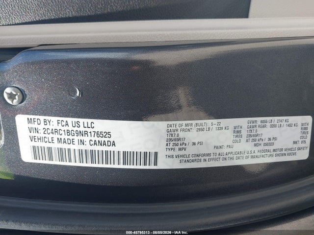 45795313 :رقم المزاد ، 2C4RC1BG9NR176525 vin ، 2022 Chrysler Pacifica Touring L مزاد بيع