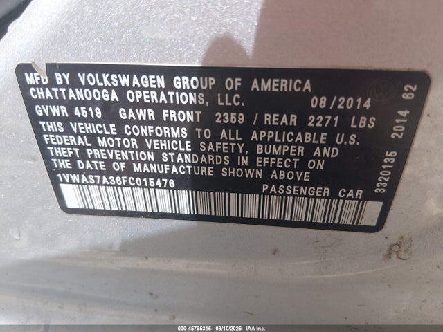 Aukcja sprzedaży 2015 Volkswagen Passat 1.8t Wolfsburg Edition, vin: 1VWAS7A36FC015476, numer aukcji: 45795316