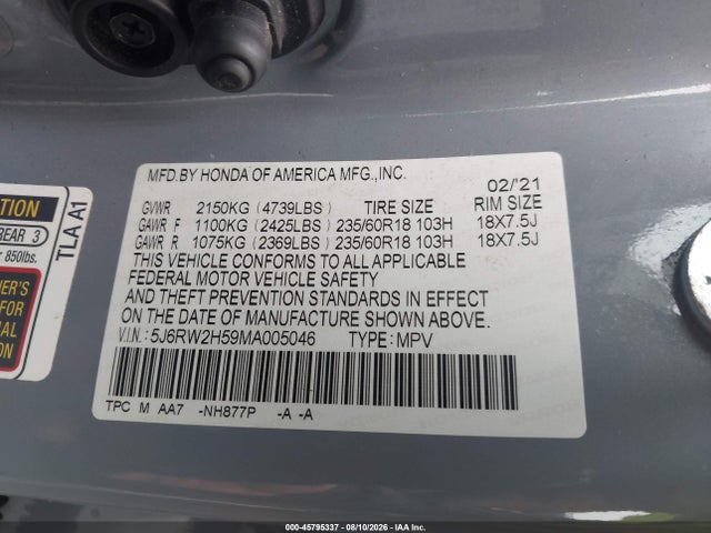 45795337 :رقم المزاد ، 5J6RW2H59MA005046 vin ، 2021 Honda Cr-v Awd Ex مزاد بيع