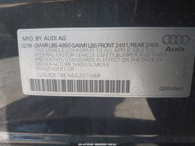 45795346 :رقم المزاد ، WAUDF78EX6A201588 vin ، 2006 Audi A4 2.0t مزاد بيع