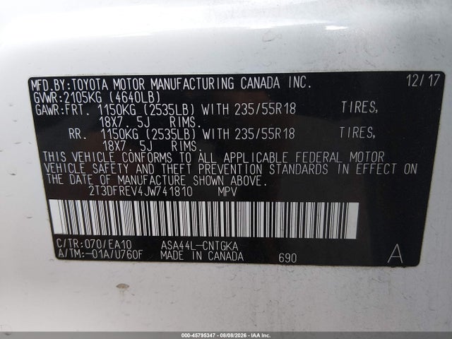 2018 Toyota Rav4 Platinum მანქანა იყიდება აუქციონზე, vin: 2T3DFREV4JW741810, აუქციონის ნომერი: 45795347