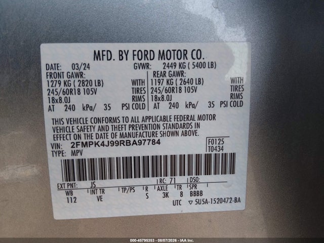 45795353 :رقم المزاد ، 2FMPK4J99RBA97784 vin ، 2024 Ford Edge Sel مزاد بيع