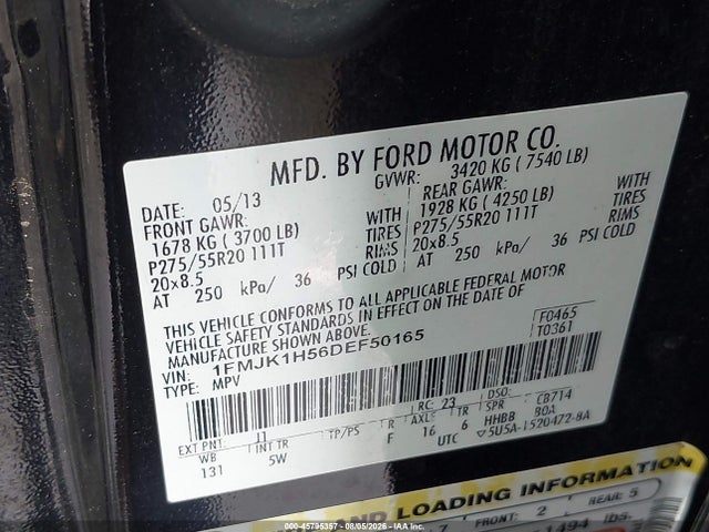 45795357 :رقم المزاد ، 1FMJK1H56DEF50165 vin ، 2013 Ford Expedition El King Ranch مزاد بيع