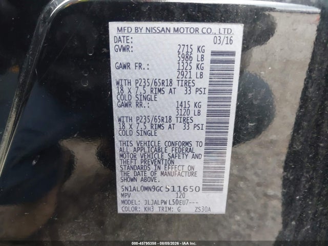 Продажа на аукционе авто 2016 Infiniti Qx60, vin: 5N1AL0MN9GC511650, номер лота: 45795358