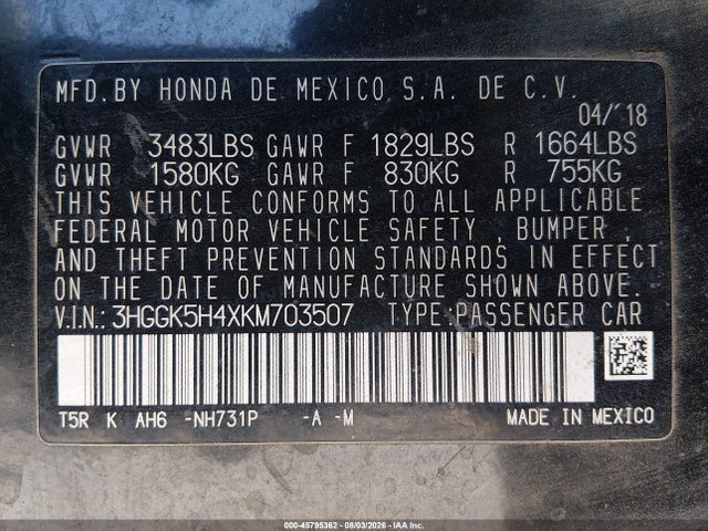 3HGGK5H4XKM703507 Honda FIT LX