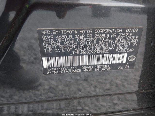 45795386 :رقم المزاد ، JTHBJ46G092339830 vin ، 2009 Lexus Es 350 مزاد بيع