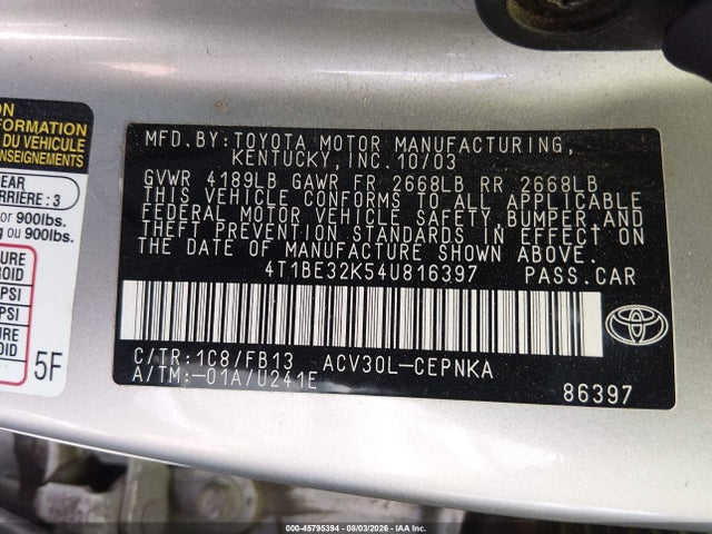 45795394 :رقم المزاد ، 4T1BE32K54U816397 vin ، 2004 Toyota Camry Le مزاد بيع