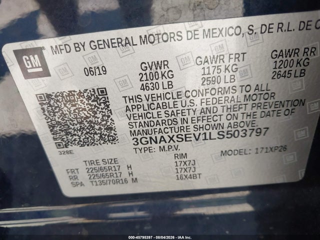 Aukcja sprzedaży 2020 Chevrolet Equinox Awd Ls, vin: 3GNAXSEV1LS503797, numer aukcji: 45795397