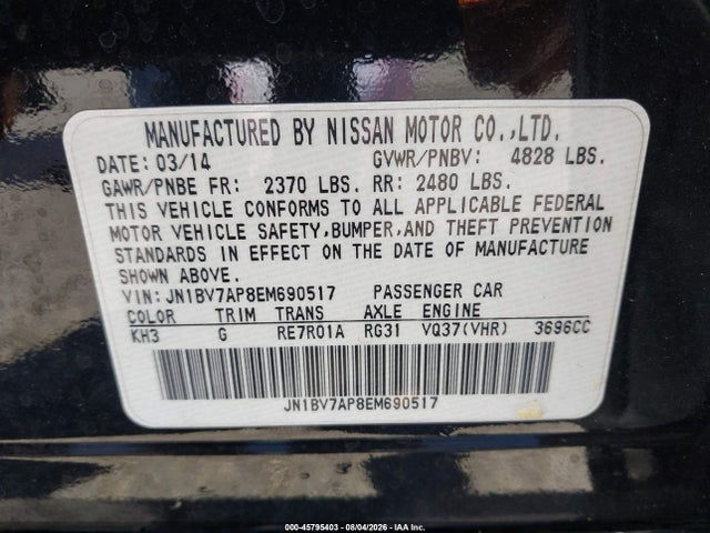 2014 Infiniti Q50 Premium მანქანა იყიდება აუქციონზე, vin: JN1BV7AP8EM690517, აუქციონის ნომერი: 45795403