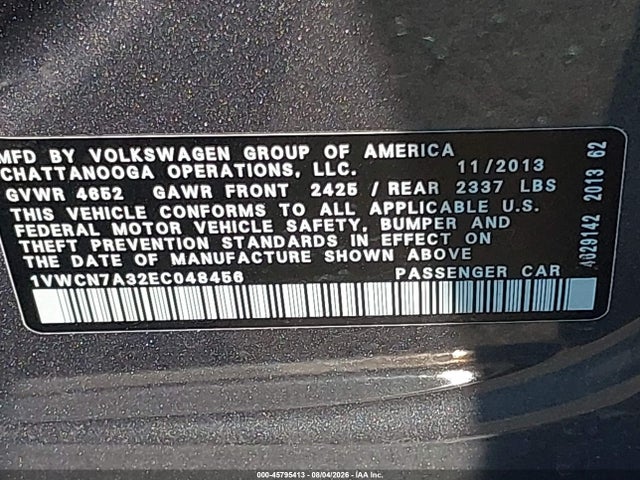1VWCN7A32EC048456 Volkswagen Passat 2.0l Tdi Sel Premium
