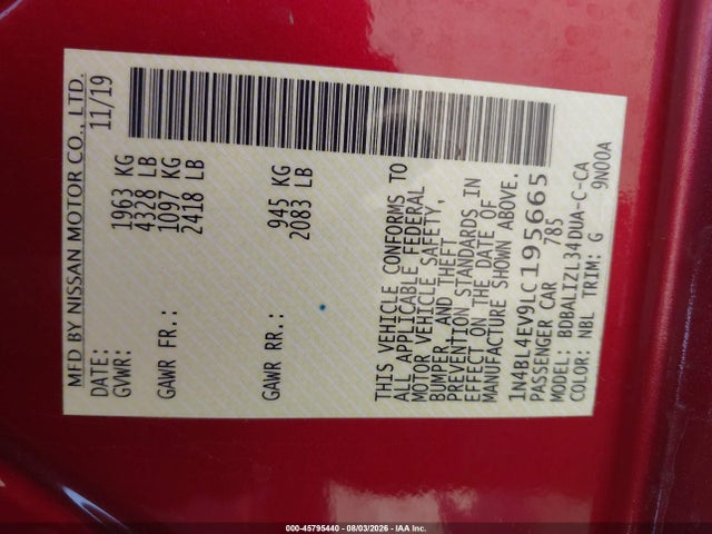 1N4BL4EV9LC195665 Nissan Altima Sl Fwd