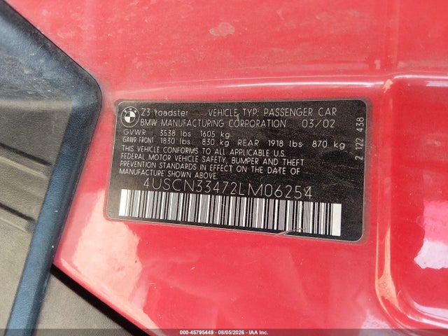45795449 :رقم المزاد ، 4USCN33472LM06254 vin ، 2002 Bmw Z3 2.5i مزاد بيع