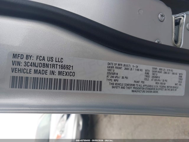 45795450 :رقم المزاد ، 3C4NJDBN1RT166921 vin ، 2024 Jeep Compass Latitude 4x4 مزاد بيع