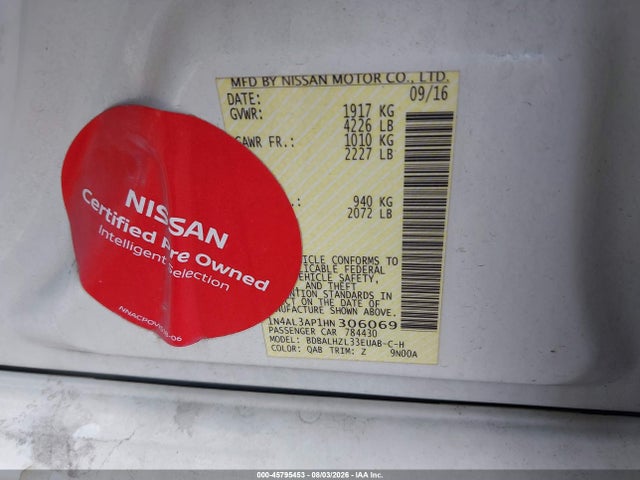 Продажа на аукционе авто 2017 Nissan Altima 2.5 Sr, vin: 1N4AL3AP1HN306069, номер лота: 45795453