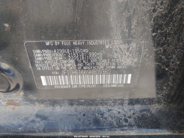 Продажа на аукционе авто 2009 Subaru Impreza 2.5i, vin: JF1GH61669H809360, номер лота: 45795459