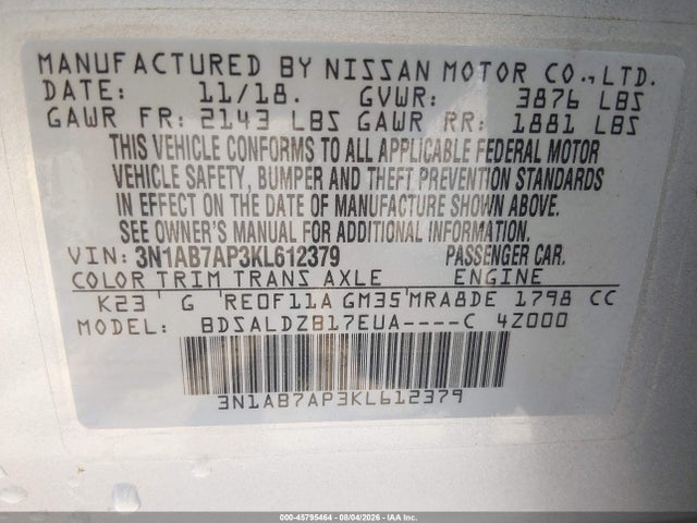 2019 Nissan Sentra Sv მანქანა იყიდება აუქციონზე, vin: 3N1AB7AP3KL612379, აუქციონის ნომერი: 45795464
