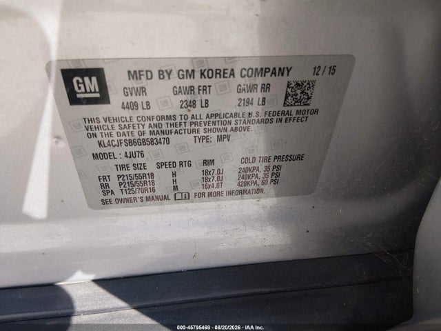 45795468 :رقم المزاد ، KL4CJFSB6GB583470 vin ، 2016 Buick Encore Convenience مزاد بيع