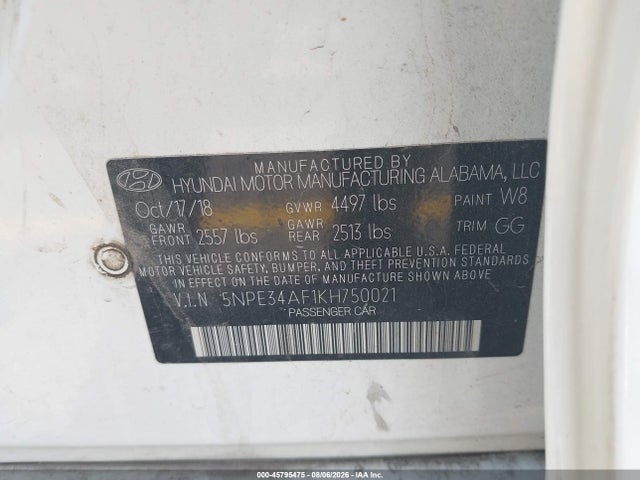 2019 Hyundai Sonata Limited მანქანა იყიდება აუქციონზე, vin: 5NPE34AF1KH750021, აუქციონის ნომერი: 45795475