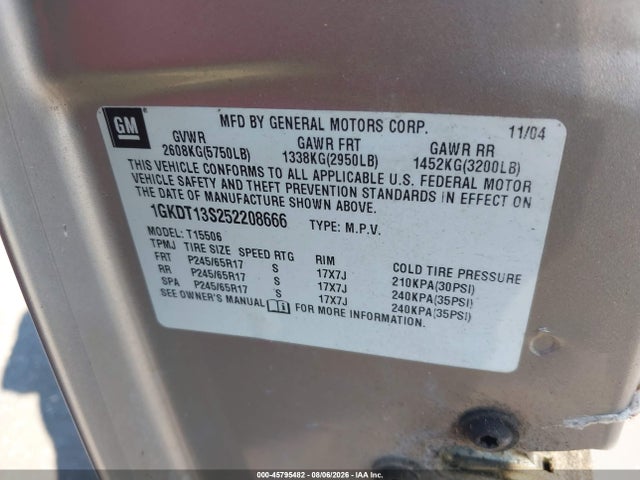 Продаж на аукціоні авто 2005 Gmc Envoy Sle, vin: 1GKDT13S252208666, номер лоту: 45795482
