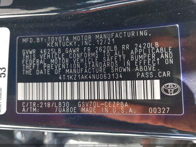 4T1KZ1AK4NU063134 Toyota Camry Xse V6