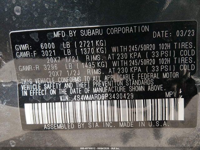 Aukcja sprzedaży 2023 Subaru Ascent Limited 8-passenger, vin: 4S4WMARD9P3430429, numer aukcji: 45795512