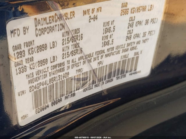 2005 Dodge Grand Caravan Sxt მანქანა იყიდება აუქციონზე, vin: 2D4GP44L05R131080, აუქციონის ნომერი: 45795515