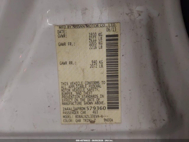 Aukcja sprzedaży 2013 Nissan Altima 2.5 Sl, vin: 1N4AL3AP8DN579360, numer aukcji: 45795522