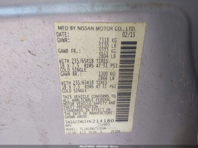 2015 Nissan Murano Sl მანქანა იყიდება აუქციონზე, vin: 5N1AZ2MG5FN214180, აუქციონის ნომერი: 45795536