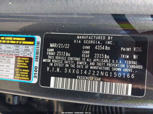 45795548 :رقم المزاد ، 5XXG14J22NG150166 vin ، 2022 Kia K5 Lxs مزاد بيع